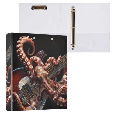 Imagem de Fichário de 3 anéis de polvo para tocar violão com 3 anéis decorativos de 3,8 cm com prancheta e 3 bolsos transparentes, comporta 200 folhas de papel tamanho A4 à prova d'água para escola, escritório