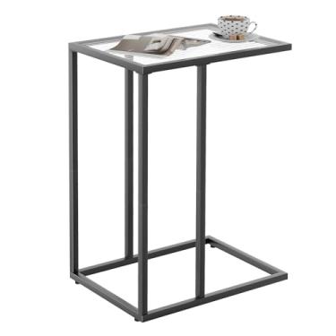 Imagem de Mesa de canto de vidro C, mesa lateral de sofá, mesa lateral de lanche de vidro temperado com moldura de metal, bandeja de TV para pequenos espaços, mesa lateral de sofá e mesa lateral de cama (preto)