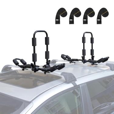 Imagem de Leader Accessories Suporte dobrável 2 em 1 para caiaque J Bar para canoa, prancha de surfe, SUP, suporte no teto em SUV, barra transversal de carro e caminhão com 4 peças de tiras de amarração