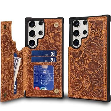 Imagem de RMAWRAD Capa carteira compatível com Samsung Galaxy S23 Ultra Real Leather 6.8, capa de couro genuíno à prova de choque, capa flip com compartimento para cartão, fivela magnética dupla, suporte