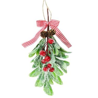Imagem de Decoração de visco - 2 peças decoração de Natal de visco laço xadrez frutas vermelhas enfeites de bola de Natal, bola de beijo artificial folha seca decoração pendurada visco erva para árvore/porta