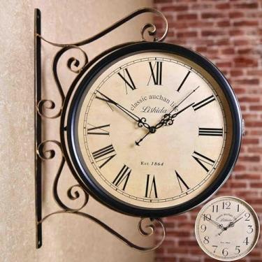 Imagem de Relógio de parede, vintage dupla face vintage industrial para decoração ao ar livre arte de parede decoração antiga escritório cozinha silenciosa rotação de 360 graus relógio de parede antigo