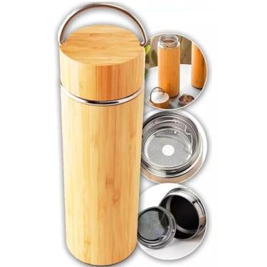 Imagem de Garrafa Térmica Portátil Parede Dupla Inox e Bambu 450ml