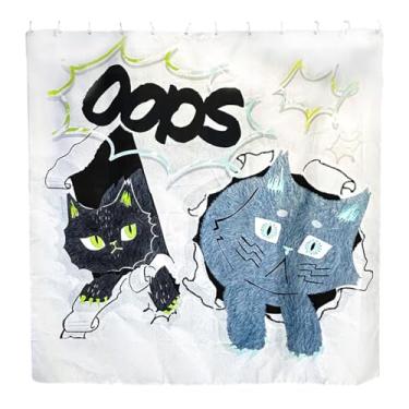 Imagem de TOKYO ART Cortina de chuveiro engraçada para gatos "Oops" – Gatos peculiares de desenho animado quebrando a parede, impermeável e durável, 180 x 180 cm (ops!)