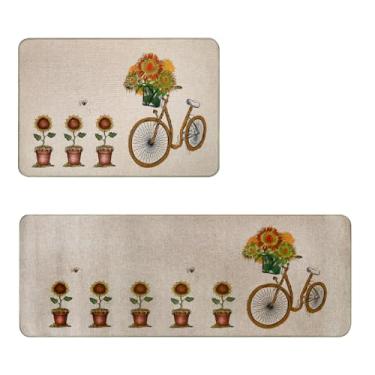 Imagem de Jogo Tapete Cozinha Antiderrapante Ln Es 45x65 45x110 Vr (E3 Bike Bege Claro Escuro Amarelo Marrom Verde)