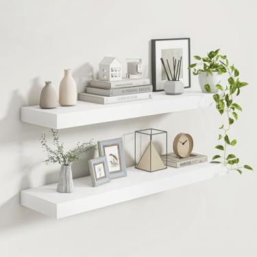 Imagem de Prateleiras flutuantes profundas de 23 cm, prateleira flutuante de madeira maciça branca montada na parede, prateleiras grandes para exibição e armazenamento de livros, sala de estar, banheiro,