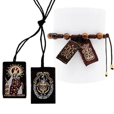 Imagem de Tierra Espirituosa Escapulario de la Virgen del Carmen y Pulsera Hecha a Mano Escapulario Católico Marrom Escapulário de Nossa Senhora do Monte Carmelo e Amizade Cordão Ajustável, Poliéster, Sem Pedra