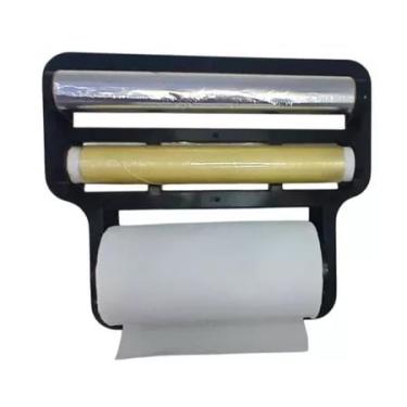 Imagem de Porta Papel para Cozinha e Suporte de Parede Multifuncional 4 em 1 para Papel Alumínio, Filme PVC, Papel Toalha e 2 Ganchos Práticos para Utensilios Domesticos (Preto)