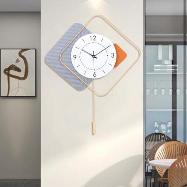 Imagem de FILLOVE Relógio de parede decorativo grande com pêndulo para sala de estar, ponteiros de metal, mostrador branco com destaque laranja, relógio de parede de metal silencioso para sala de estar, quarto,