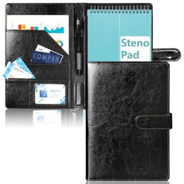 Imagem de SHIQIKEJIPTY Suporte de almofada Steno de couro PU 15 x 23 cm Steno pad organizador de negócios compatível com notebook Steno 15 x 23 cm organizador de bolso com alça para caneta para negócios (preto)