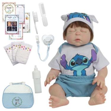 Imagem de Boneco Bebê Reborn Menino Fio a Fio Enxoval Stitch Completo - Cegonha 