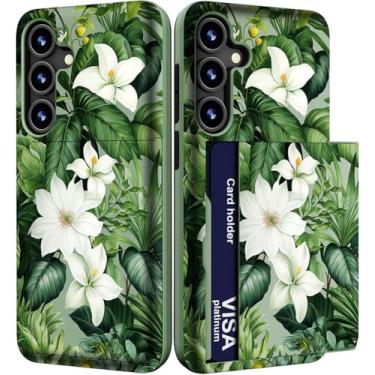 Imagem de IWONE Capa para celular compatível com Samsung Galaxy S23 FE fofa com porta-cartões/S23FE Slim Slot Wallet Phone Cover for Women/Green Tropical Leaves Flowers Plants Exotic Jungle