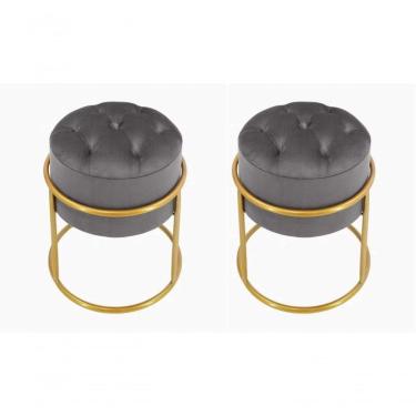 Imagem de Kit 2 Puff Banqueta Estofado Decorativo Base De Ferro Capitonê Suede Grafite Eli Móveis E Decoração