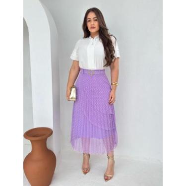 Imagem de Saia Rodada Midi Soltinha com Babado Camadas em Tule - Fashion, Lilás,