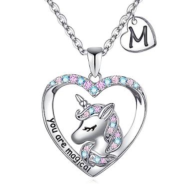 Imagem de Presentes de unicórnios para meninas, pingente de coração CZ banhado a ouro branco 14K You Are Magical Unicorn colar para meninas joias letra inicial unicórnio colares para meninas mulheres unicórnios presentes para meninas adolescentes meninas, Metal, Zircônia cúbica