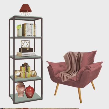 Imagem de Kit Poltrona Fatte com Manta Soft Salmão e Estante Livreiro Ferro Marrom mdf Verde Oliva Suede Rose Gold - Ahz Móveis