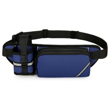 Imagem de Ausion Pochete para homens e mulheres, cinto ajustável, bolsa para bumbum, moderna, resistente à água, para caminhadas, viagens, casual, corrida, caminhada, ciclismo, Azul com suporte de garrafa