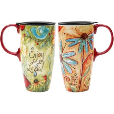 Imagem de TZSSP Caneca de cerâmica, conjunto de caneca de viagem de café - alça e tampa, caneca de viagem para porcelana, 500 ml, caneca de café alta para casa e escritório, caneca de padrão de arte floral em