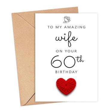 Imagem de HKDesignGift Cartão de aniversário de 60 anos de esposa - Cartão de coração de crochê feito à mão - Cartões de aniversário de 60 anos para esposa - Nascimento da esposa - Cartões de aniversário de