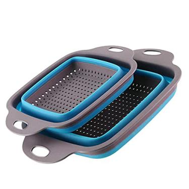 Imagem de Cesta de piquenique 2 peças de silicone para cozinha dobrável sobre a pia escorredor coador de frutas vegetais cesta de lavagem escorredor de drenagem dobrável (cor: vermelho) (azul)