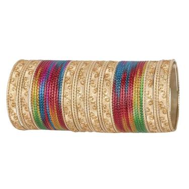 Imagem de Touchstone Coleção de pulseiras coloridas indianas de Bollywood com lantejoulas coloridas texturizadas ao toque, embelezador de pulso de designer Conjunto de 122 cm tom dourado antigo para mulheres, M