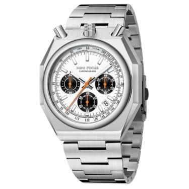 Imagem de MF MINI FOCUS Relógios masculinos exclusivos (cronógrafo/à prova d'água/luminoso/calendário/24 horas) relógios masculinos com pulseira de aço inoxidável de rosto grande, Branco_prata