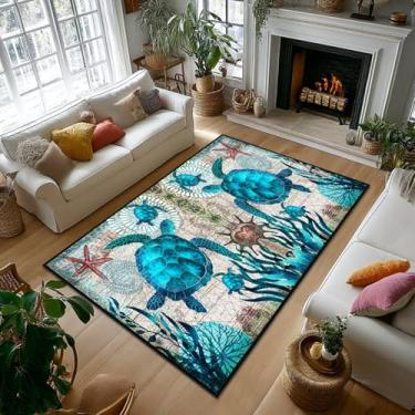 Imagem de Tapete lavável para quarto de tartarugas marinhas, 12 x 18 cm, tartarugas azuis, praia, oceano, azul-petróleo, animais marinhos, antiderrapante, costeira, entrada, tapete náutico, tapete para sala de