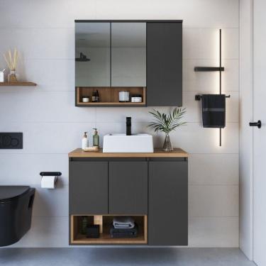Imagem de Conjunto Para Banheiro Gabinete Suspenso 80cm Com Cuba E Espelheira 3 Portas E Nicho Cecília Mel/grafite