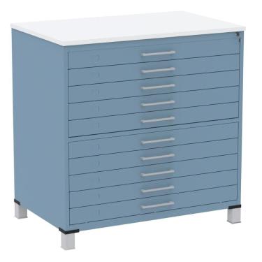 Imagem de Mapoteca 10 Gavetas Pandin 120cm (larg) Inmetro Tampo Mdp Branco Estrutura E Gaveta Em Aço Azul Dali