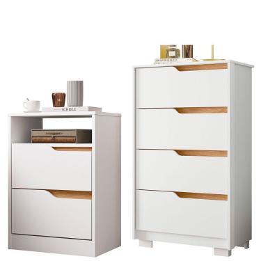 Imagem de Kit Cômoda 4 Gavetas E Mesa De Cabeceira Sara 2 Gavetas Flex Branco/freijó