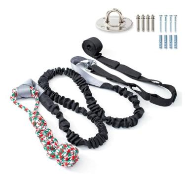 Imagem de Ｂｅｓｇａ Corda para cães com vara de mola, brinquedo de puxar bungee para áreas externas, brinquedo interativo de puxar corda resistente para cães de médio e, Preto