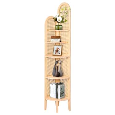 Imagem de FQGGJ Estante de canto de vime de 5 camadas, prateleira de exibição de canto alto para espaços pequenos, para quarto, sala de estar, sala de jantar, cor de madeira natural