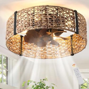 Imagem de Ganeed Ventilador De Teto Boho Fandelier 19,7" Com Luz, Gaiola Vime E Controle Remoto, Motor Reversível Silencioso, Perfil Baixo, 6 Velocidades, Para Quarto, Sala Estar, Varanda, Crianças