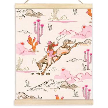 Imagem de BESERH Pôster de arte de parede ocidental rosa, decoração de parede de quarto de vaqueira, boho selvagem deserto ocidental cacto rodeio cavalo vaqueira impressões em tela emolduradas para casa meninas