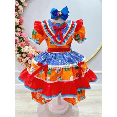 Imagem de Vestido Infantil Junino Caipira Laranja Colorido Estampado - juninos, 