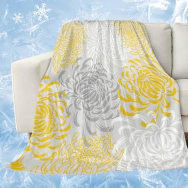Imagem de Cobertores florais refrescantes para pessoas que dormem quente, crisântemo, amarelo e cinza, cobertor de gelo leve, 101,6 x 152,4 cm, cobertores frios de verão para suores noturnos