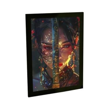 Imagem de Quadro Decorativo Anime Garota Samurai Ilustração Katana Luzes Decoração Poster Quarto Sala
