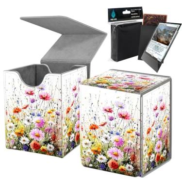 Imagem de Deck Box MTG com protetores de cartão, comporta 80 cartas de jogos de manga, caixa de baralho com forte fecho magnético, mantém os cartões seguros, flores silvestres