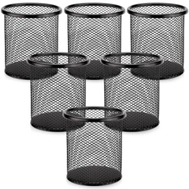 Imagem de Segarty Suporte de caneta, pacote com 6 porta-copos preto redondo para mesa, conjunto de recipientes de lápis de malha de arame para material de escritório, fabricante escolar, organizador de
