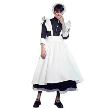 Imagem de Fantasia masculina vitoriana de empregada doméstica maxi avental vestido adulto crossdresser fantasia de Halloween (preto e branco, GG)