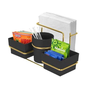 Imagem de Suporte Porta Sachês Guardanapos Mexedor Açucar Chá Preto Dourado - 12