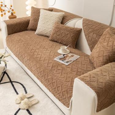 Imagem de vctops Capas de sofá geométricas Jacquard Pluch capa de sofá rústica neutra antiderrapante capa de sofá macia e quente para cães, crianças, protetor de móveis de animais de estimação (café, 71 x 178 cm)