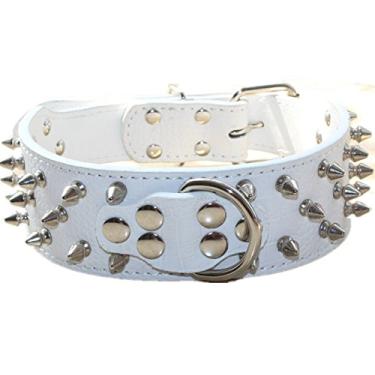 Imagem de Coleira para cachorro de couro com ponta haoyueer com rebites de bala, 5 cm de largura, coleiras estilosas de couro para cães de porte médio e grande (branca, M)