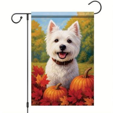 Imagem de Starlit Patio Bandeira de jardim de outono de ação de graças Westie bandeira de cachorro 30,5 x 45,7 cm bandeira dupla face folha de abóbora quintal banner outono decoração ao ar livre para varanda