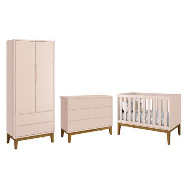 Imagem de Dormitório Completo Infantil Classic 2 Portas, Cômoda 6 Gavetas e Berço com Pés Amadeirado - Reller Móveis Rosa Fosco