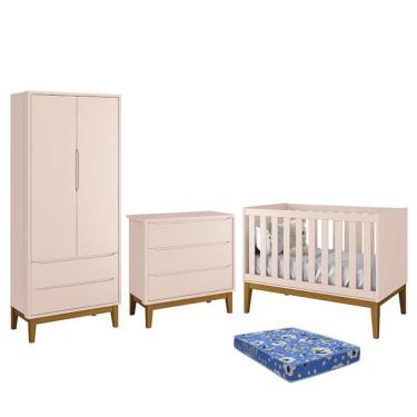 Imagem de Dormitório Infantil Classic 2 Portas, Cômoda 3 Gavetas, Berço com Pés Amadeirado e Colchão - Reller Móveis Rosa Fosco