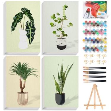 Imagem de Fountor Kit de pintura emoldurada por números para adultos iniciantes com cavalete de madeira, kit de pintura de plantas verdes DIY por número com moldura, pintura de plantas simples por números para
