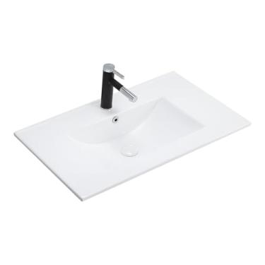 Imagem de Flyshop Pia retangular de casa de banho branca com orifício de chave exclusivo, bancada sobre bancada, lavatório de cerâmica de porcelana, lava-louças de trocador, 30 polegadas de comprimento, 18,2