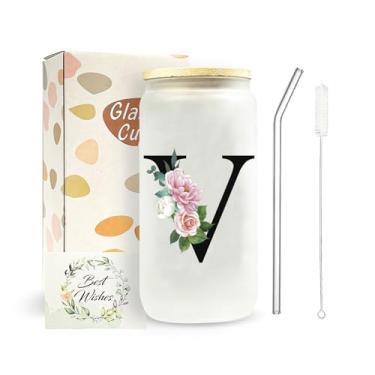 Imagem de JEKUGOT Presentes personalizados para mulheres copo personalizado copo personalizado para mulheres A-Z canecas personalizadas para mulheres amigas caneca de vidro com tampa e canudo caneca de viagem