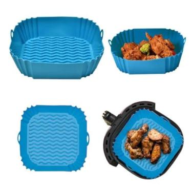 Imagem de Forma Assadeira Para Fritadeira Air Fryer Com Alça Em Silicone Reutilizável Quadrada (Azul | 4L)